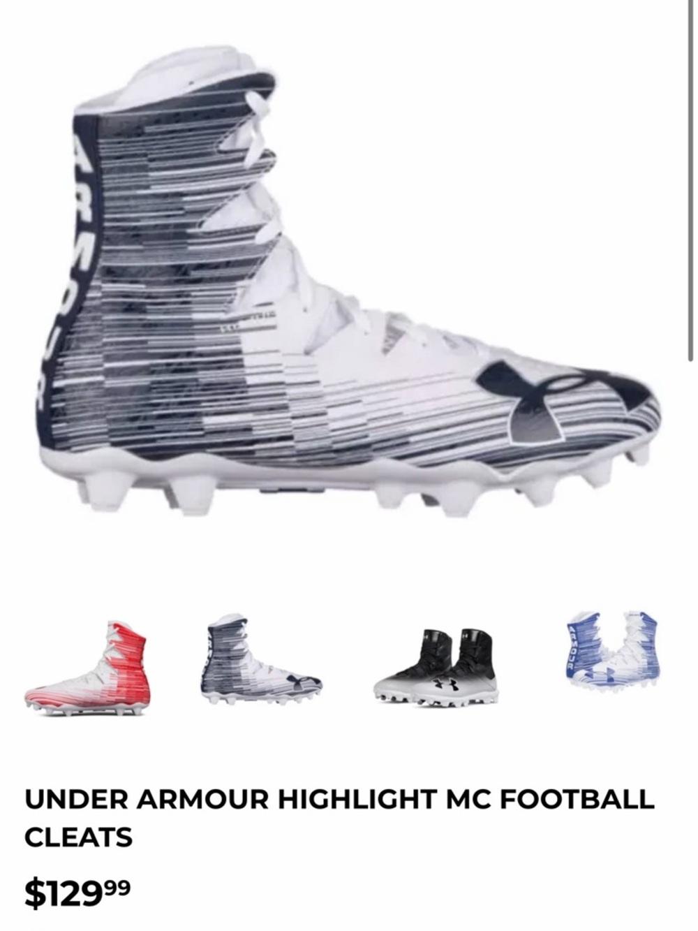 Under Armour Kids High-Top Football Cleats in White and Navy